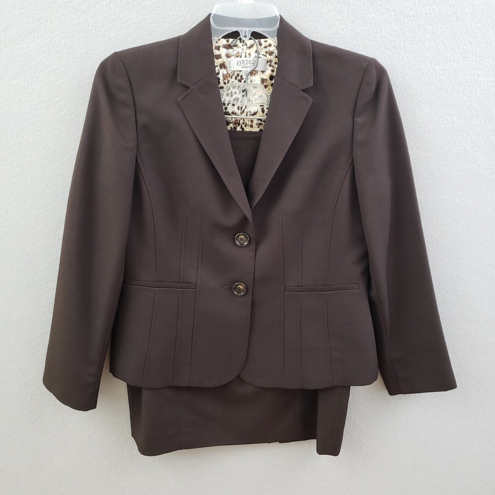 Kasper Women 12P Pet. Skirt Suit Brown 2-Button Blazer Pencil Skirt Professional